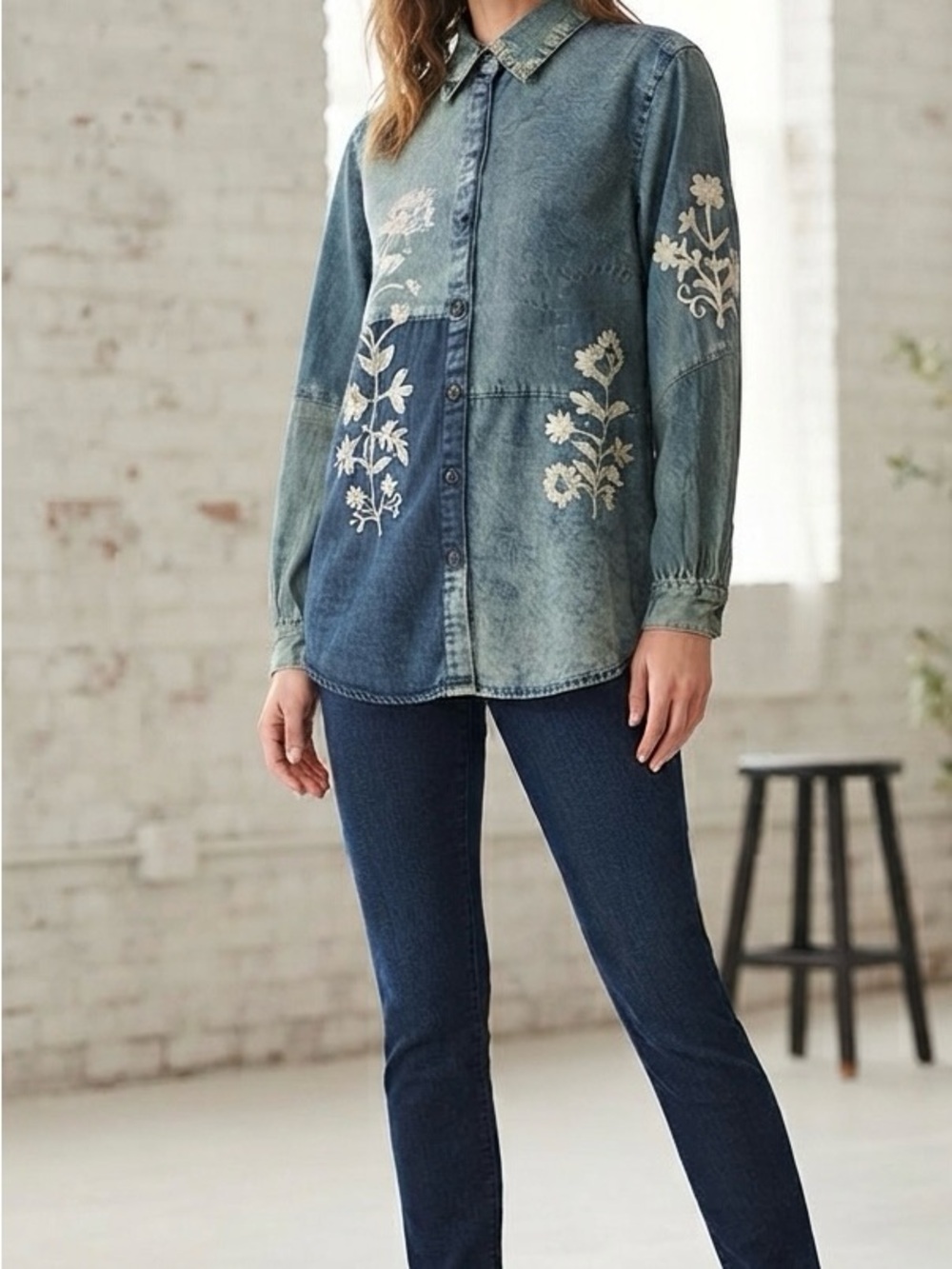 WT Young Threads Embroidered Floral Oversized Shirt Small Boho Chic Patchwork